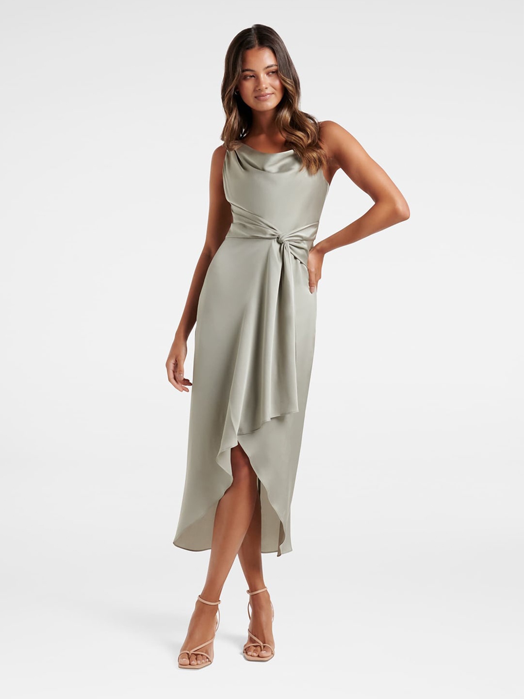 

Forever New Silver-Toned Solid Cowl Neck Satin Midi Dress