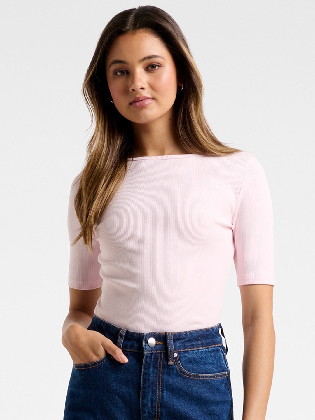 

Forever New Women Pink Ribbed Boat Neck Slim Fit T-shirt