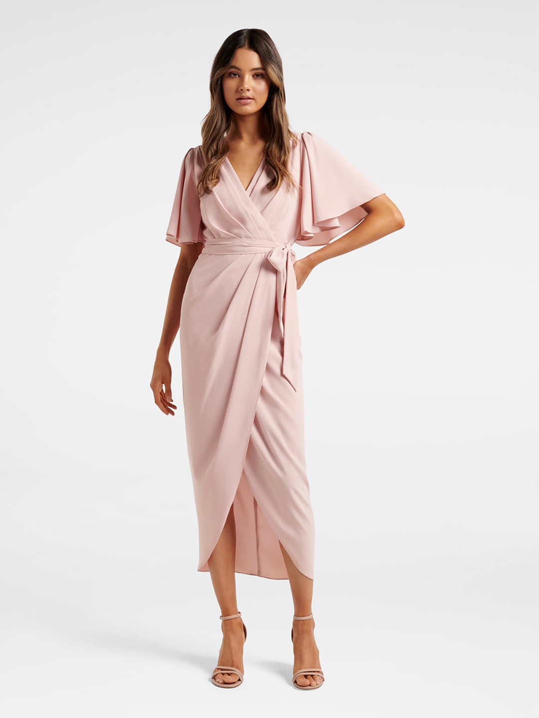 

Forever New Pink Flutter Sleeve Midi Dress