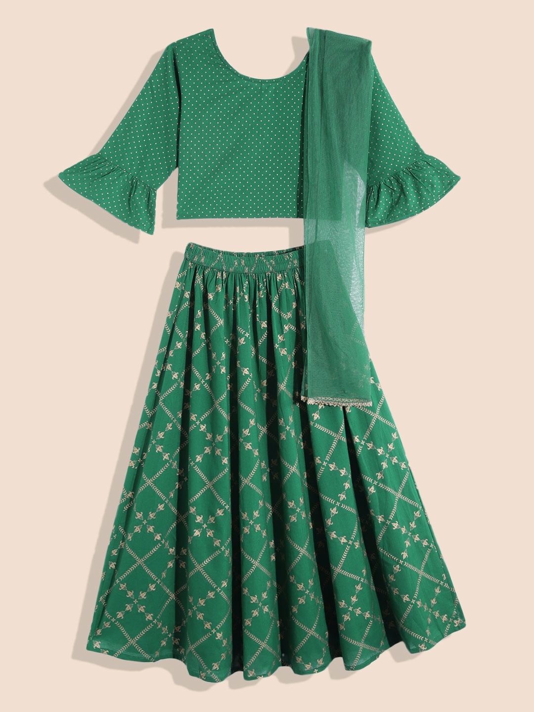 

House of Pataudi Girls Green Printed Ready to Wear Lehenga & Blouse With Dupatta