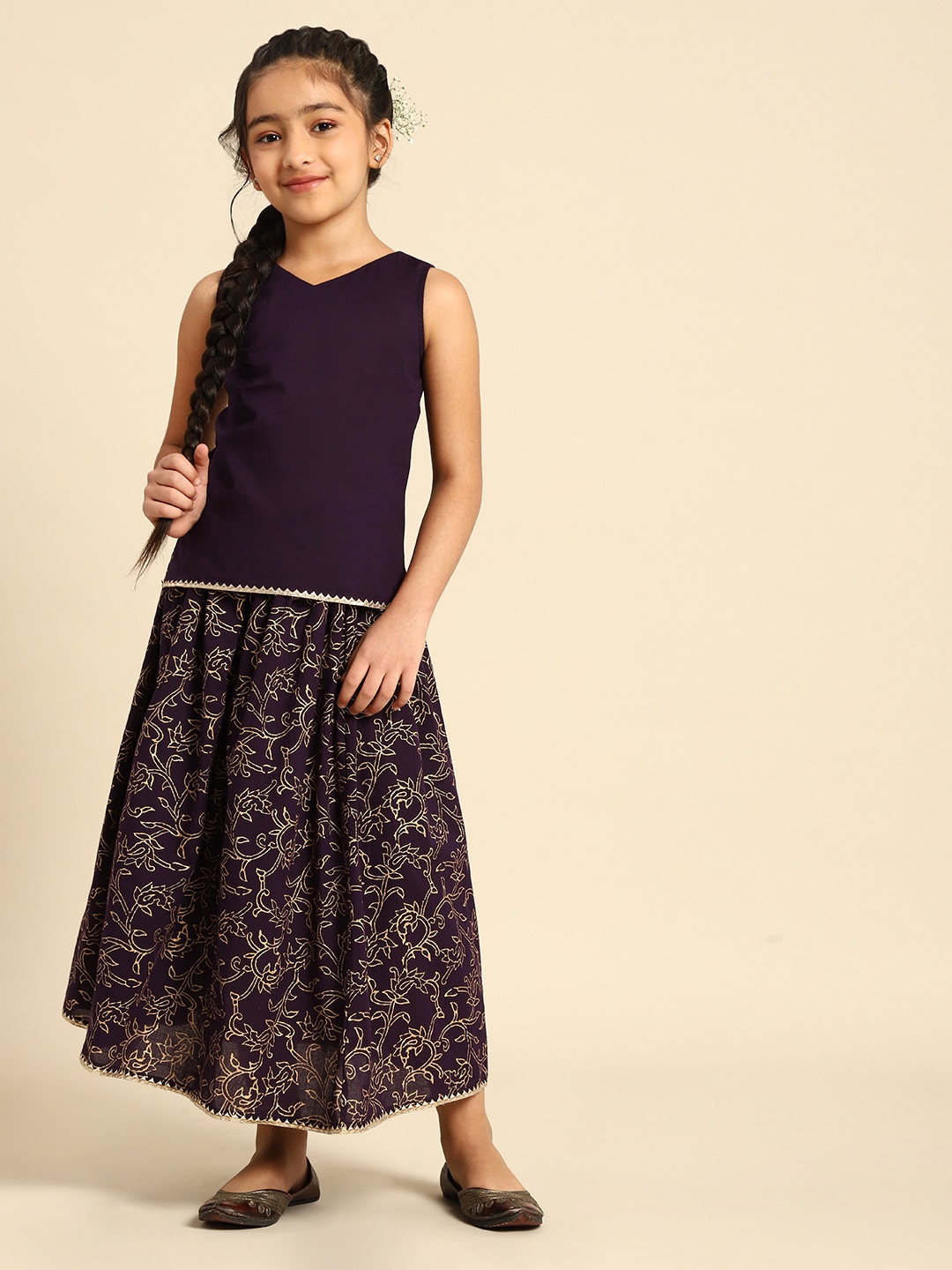 

House of Pataudi Girls Purple Pure Cotton Ready to Wear Lehenga Choli