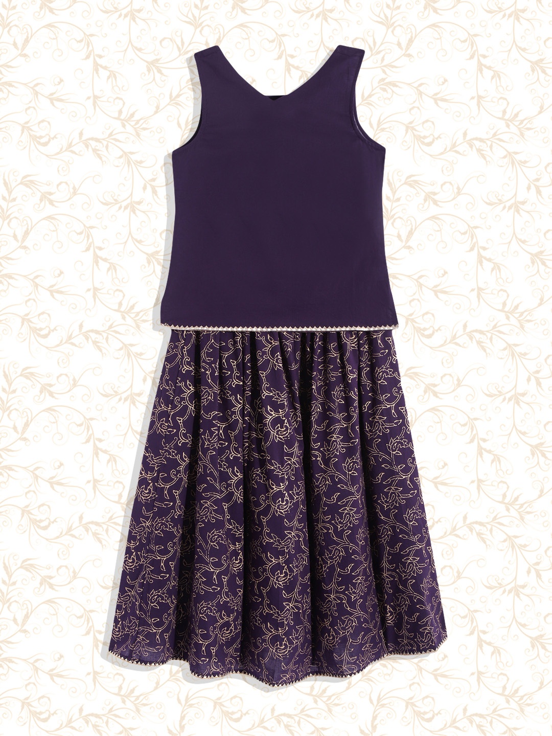 

House of Pataudi Girls Purple & Golden Ready to Wear Lehenga & Blouse