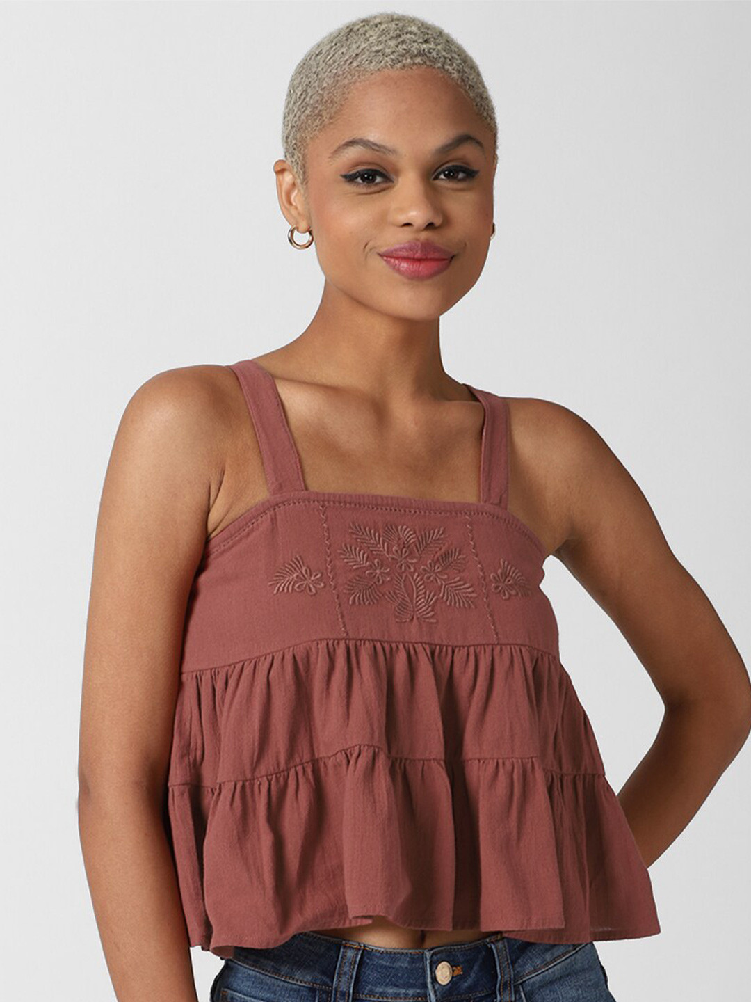

FOREVER 21 Women Maroon Floral Embroidered Cotton Crop Top