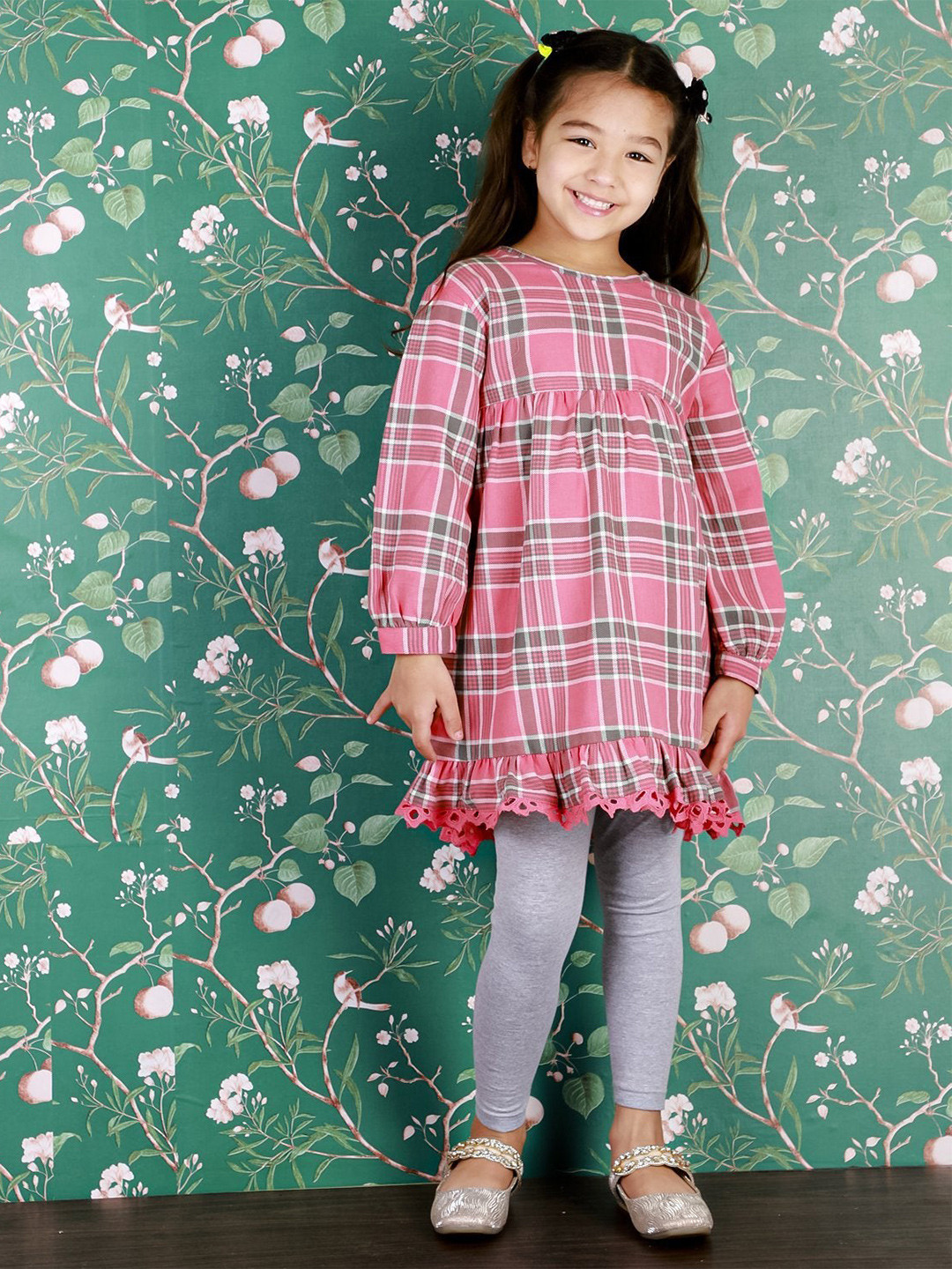 

The Mom Store Girls Pink Checked Pure Cotton Tunic with Leggings