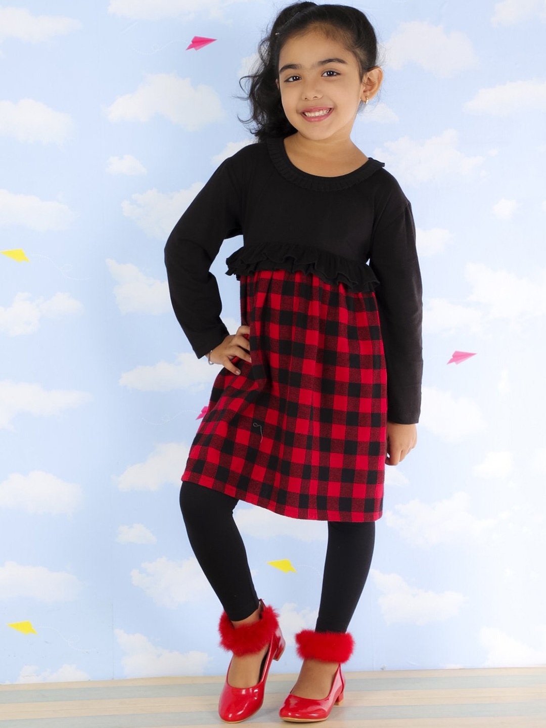 

The Mom Store Girls Red & Black Checked Pure Cotton Tunic with Leggings