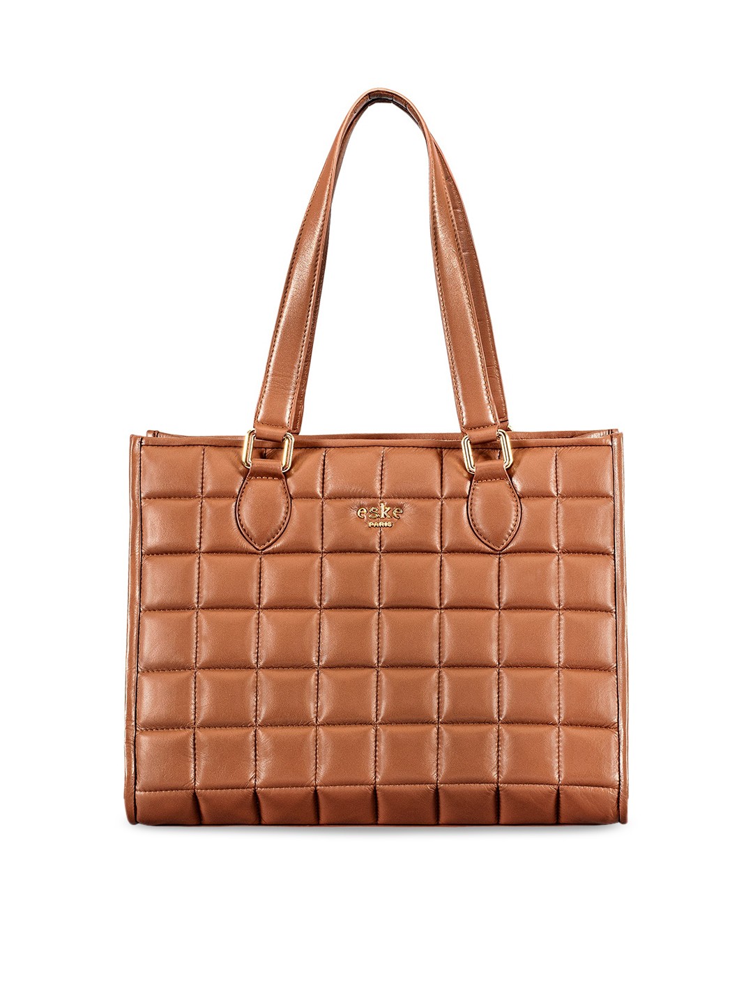 

Eske Brown Checked Leather Shopper Handheld Bag with Quilted
