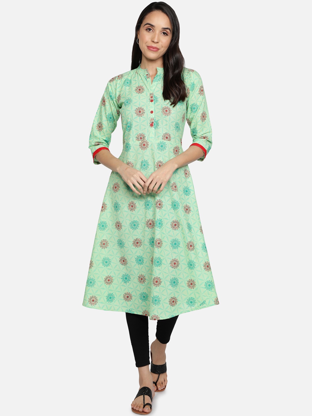 

Fabclub Women Sea Green & Red Floral Printed Gotta Patti Cotton Kurta