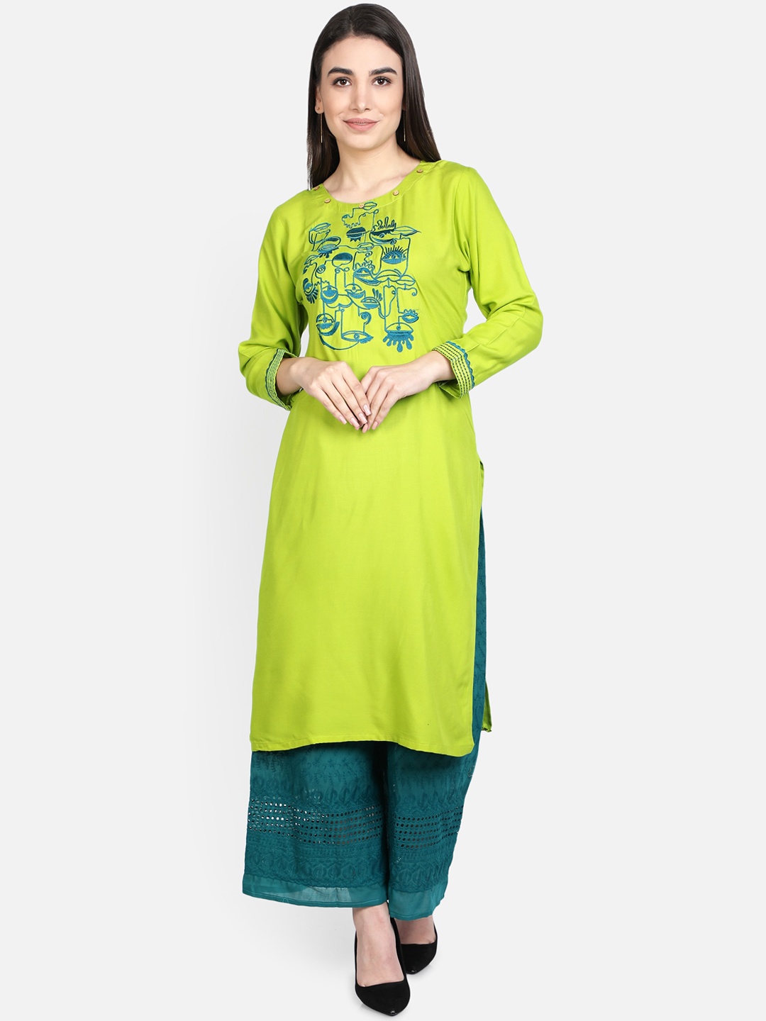 

Fabclub Women Lime Green & Blue Floral Embroidered Thread Work Kurta