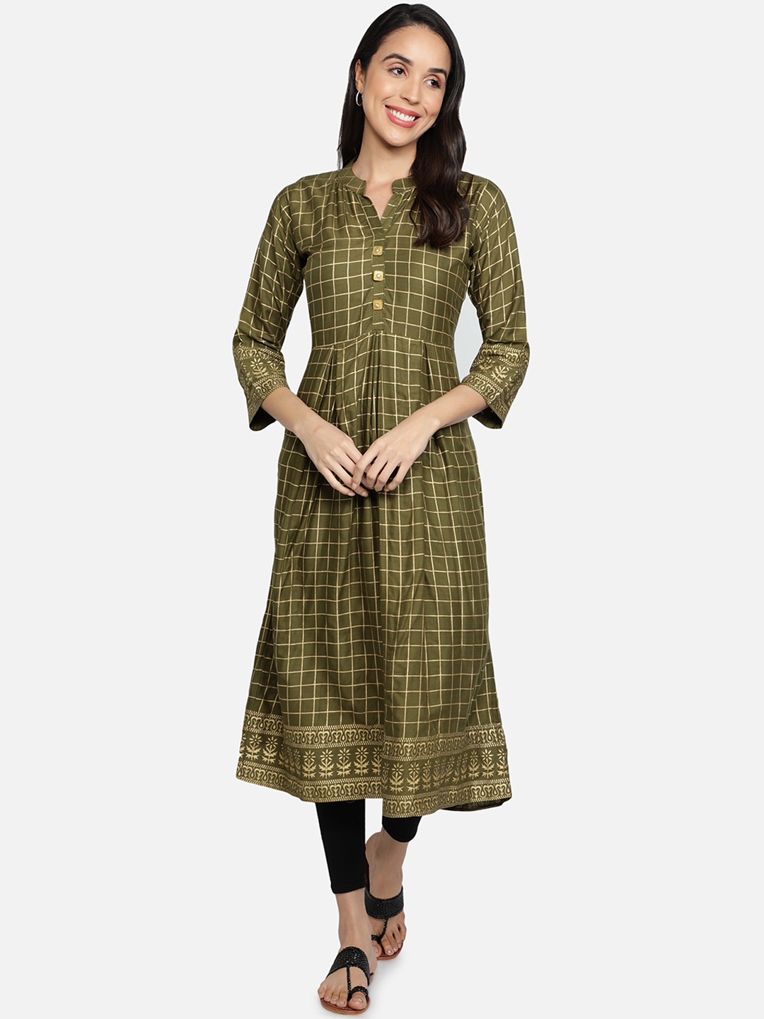 

Fabclub Women Olive Green & Gold-Toned Foil Printed A-line Kurta