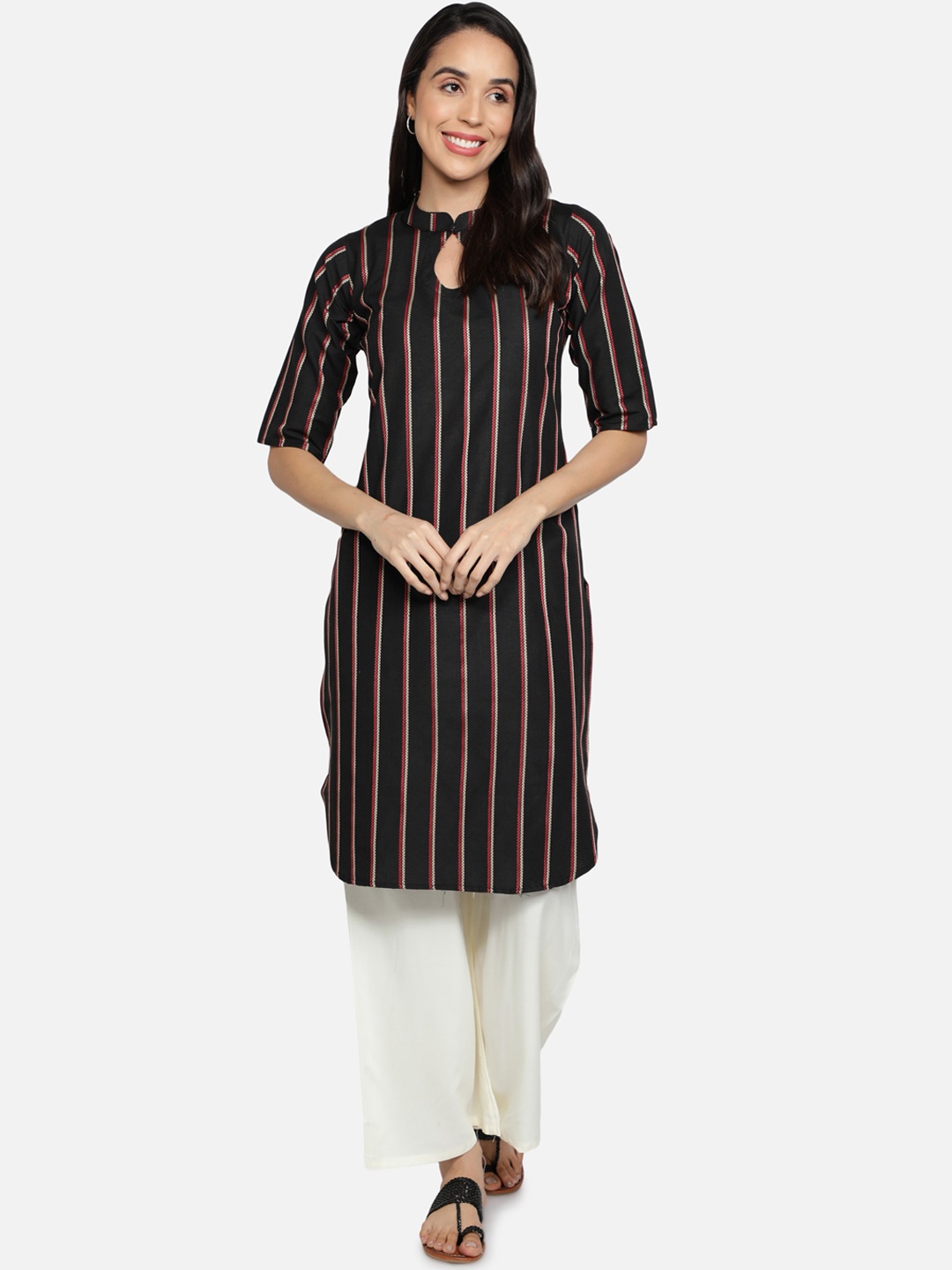 

Fabclub Women Black & Red Striped Cotton Keyhole Neck Kurta