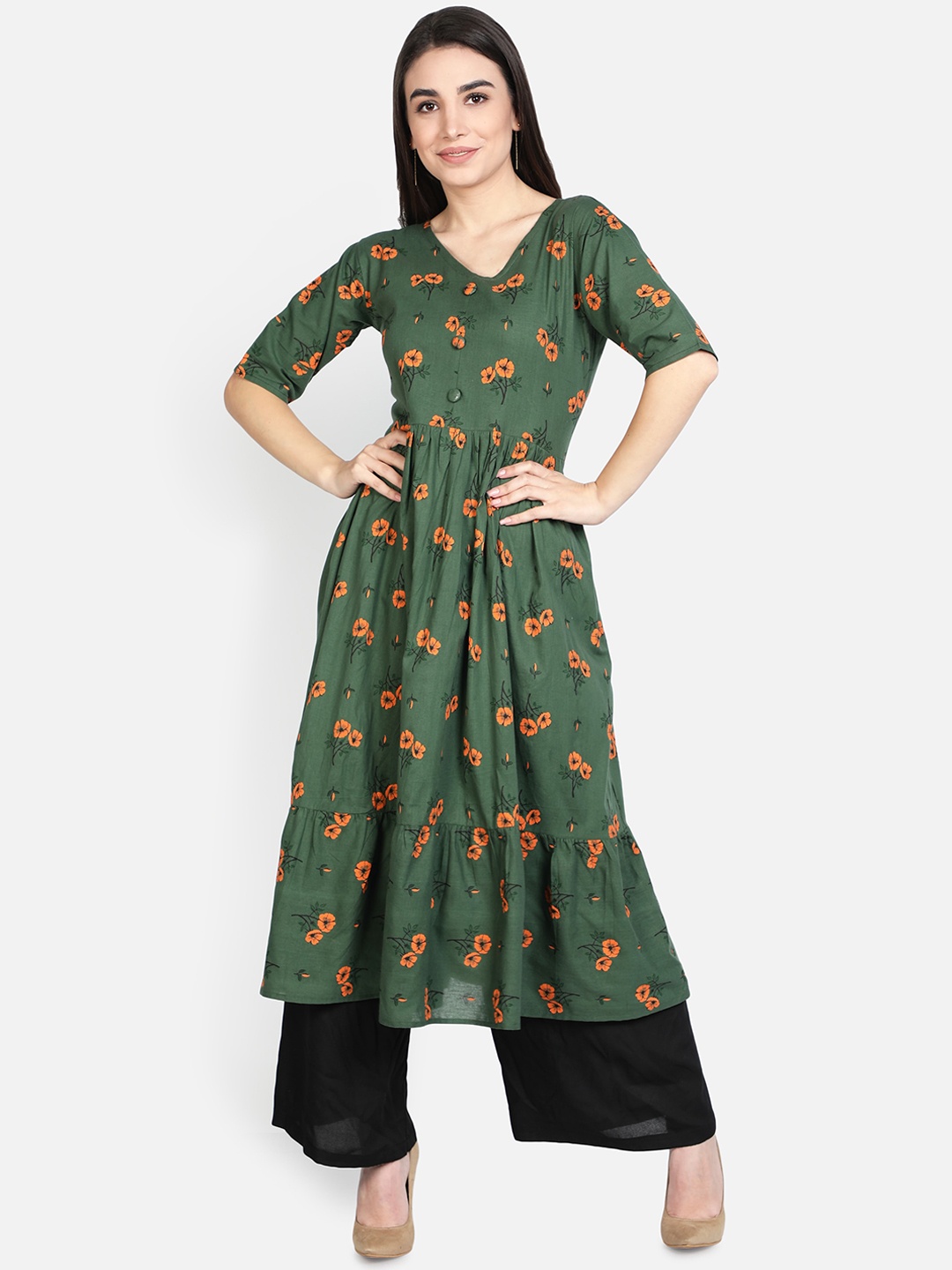 

Fabclub Women Green & Orange Floral Printed Cotton Anarkali Kurta
