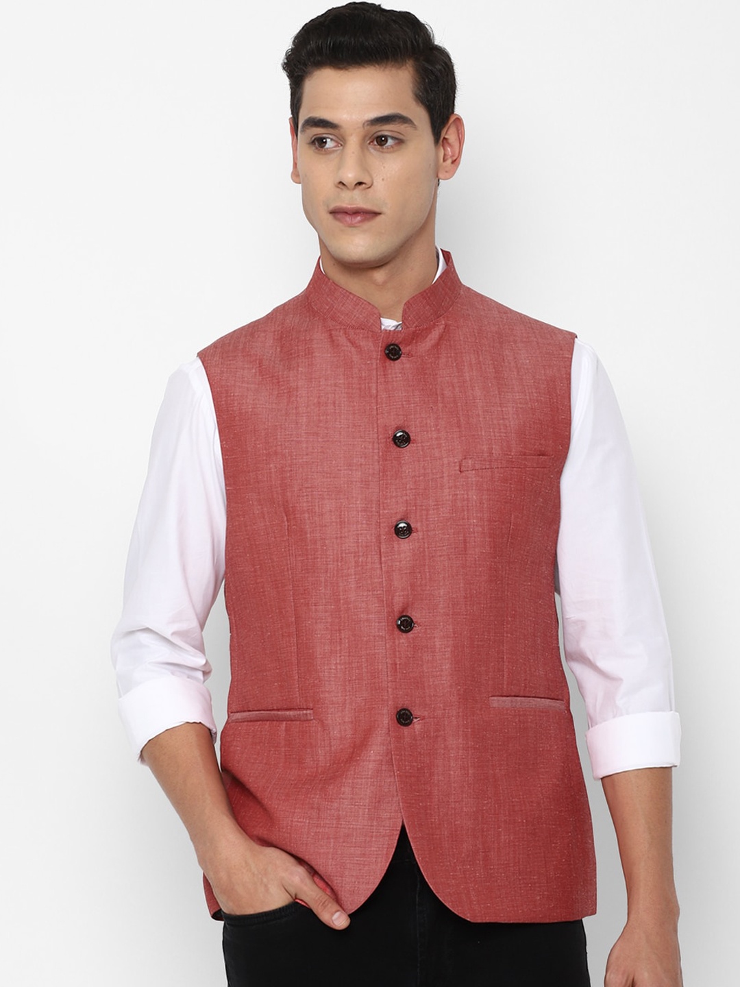 

Allen Solly Men Maroon Woven-Design Nehru Jacket