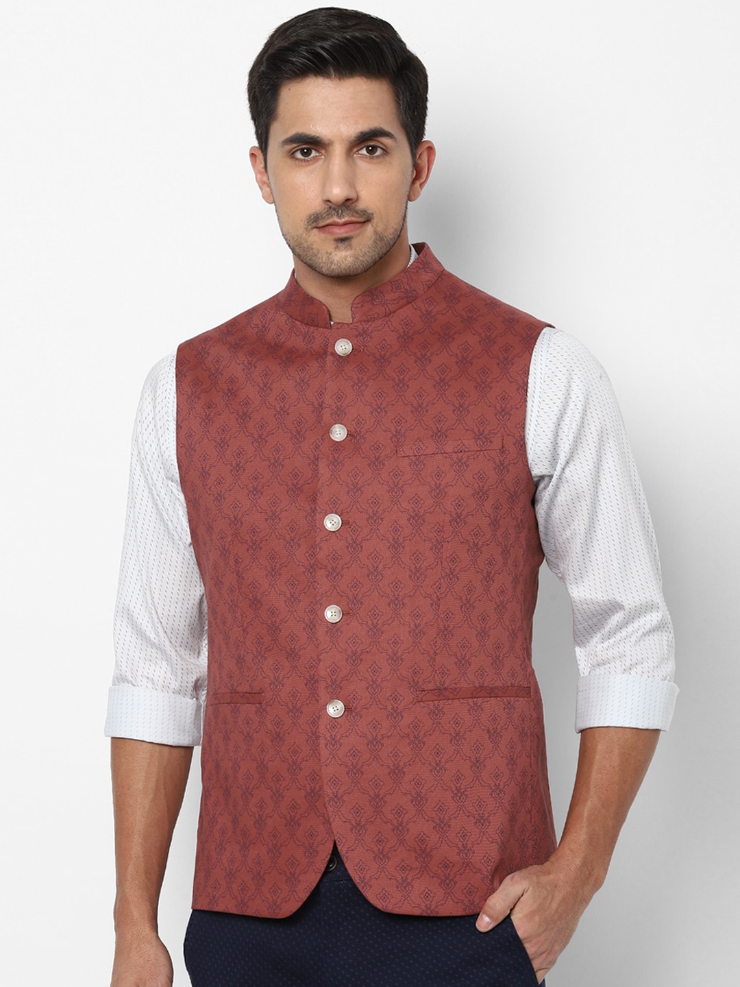 

Allen Solly Men Rust-coloured & Black Printed Woven Nehru Jacket