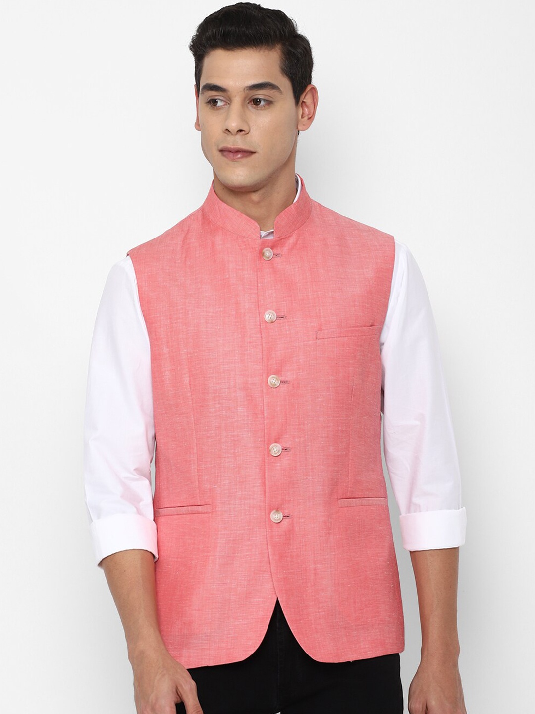 

Allen Solly Men Peach-Coloured Woven-Design Nehru Jacket