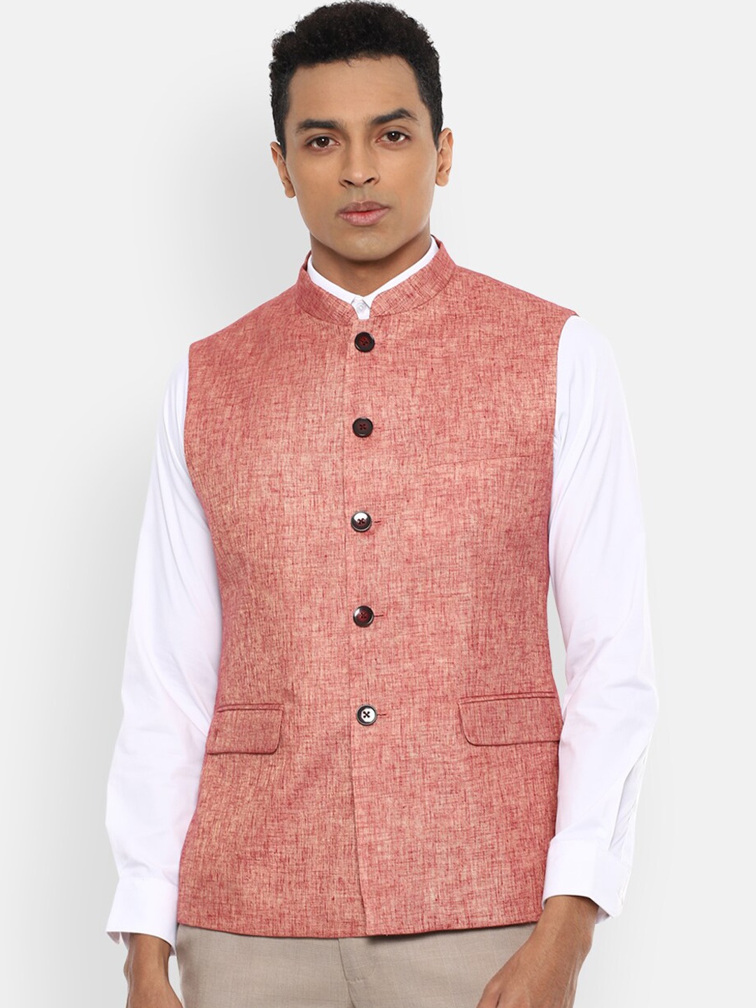 

Van Heusen Men Peach-Coloured Textured Woven Nehru Jacket