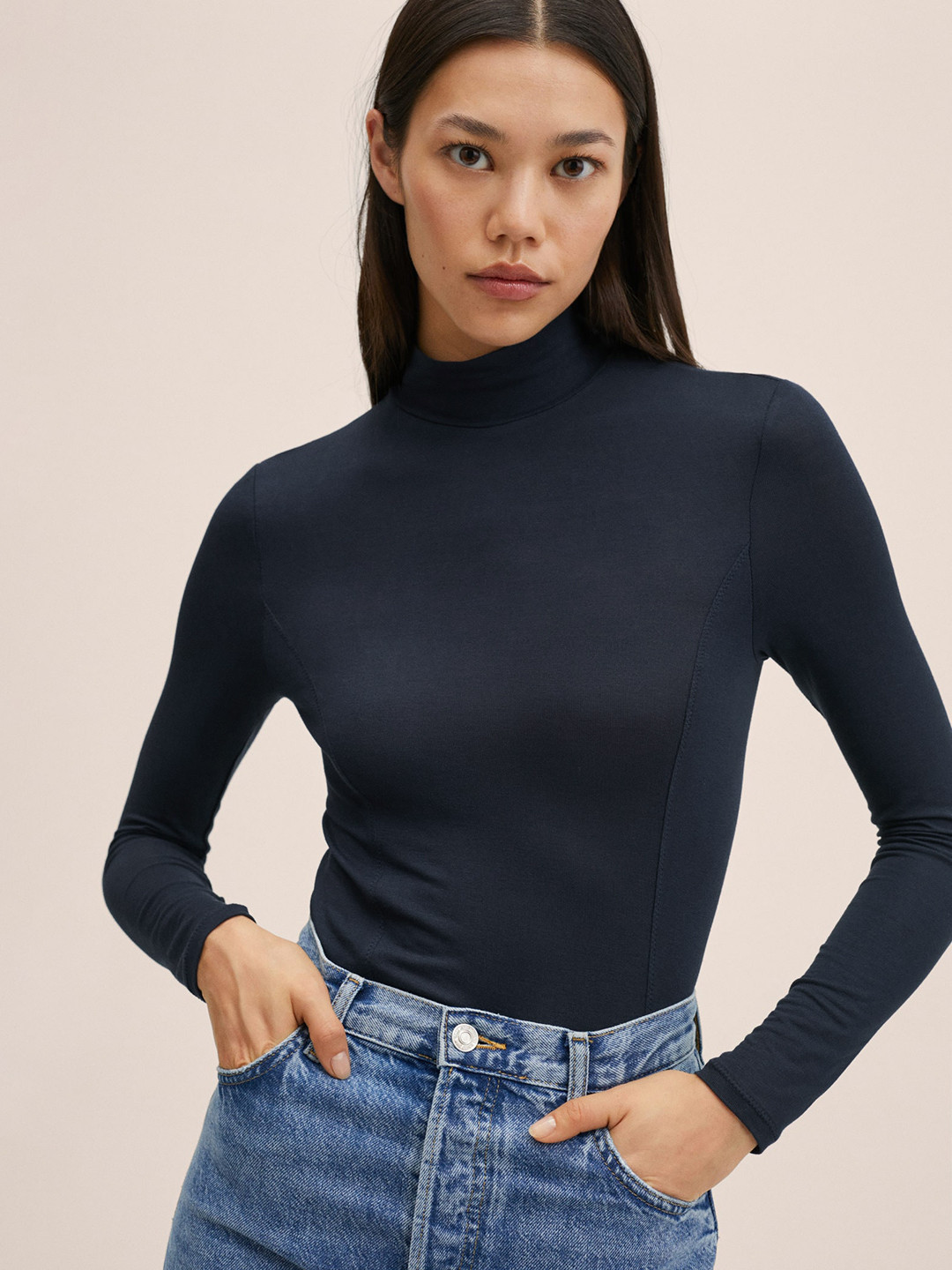 

MANGO Women Navy Blue Solid High Neck T-shirt