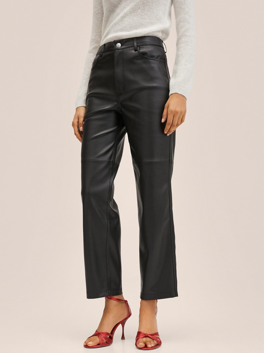 

MANGO Women Black Straight Fit Coated Trousers