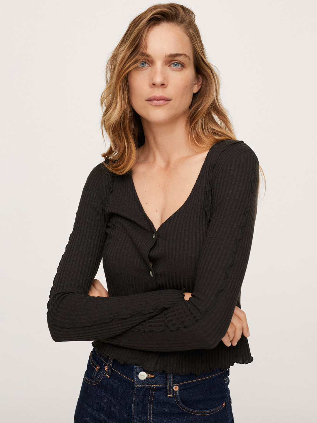 

MANGO Women Coffee Brown Solid Front-Open Top