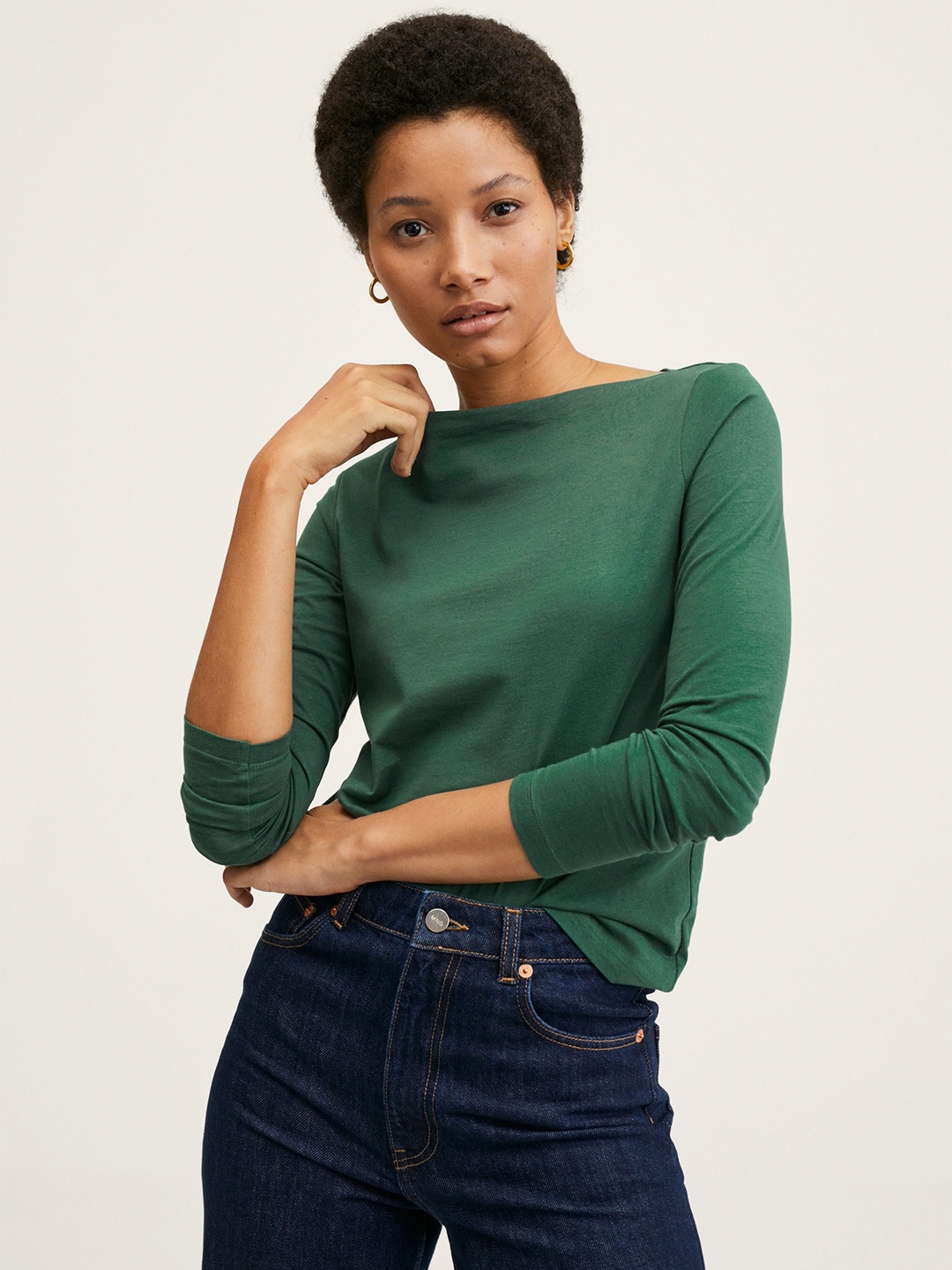 

MANGO Women Green Solid Cotton T-shirt