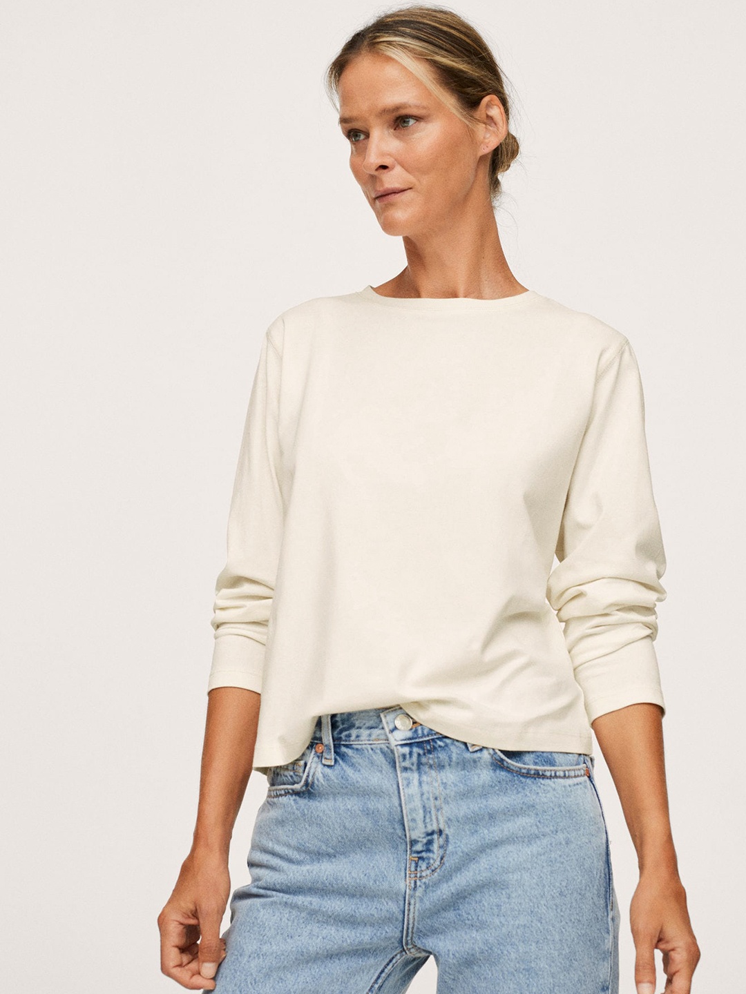 

MANGO Women Off White Pure Cotton Solid T-shirt