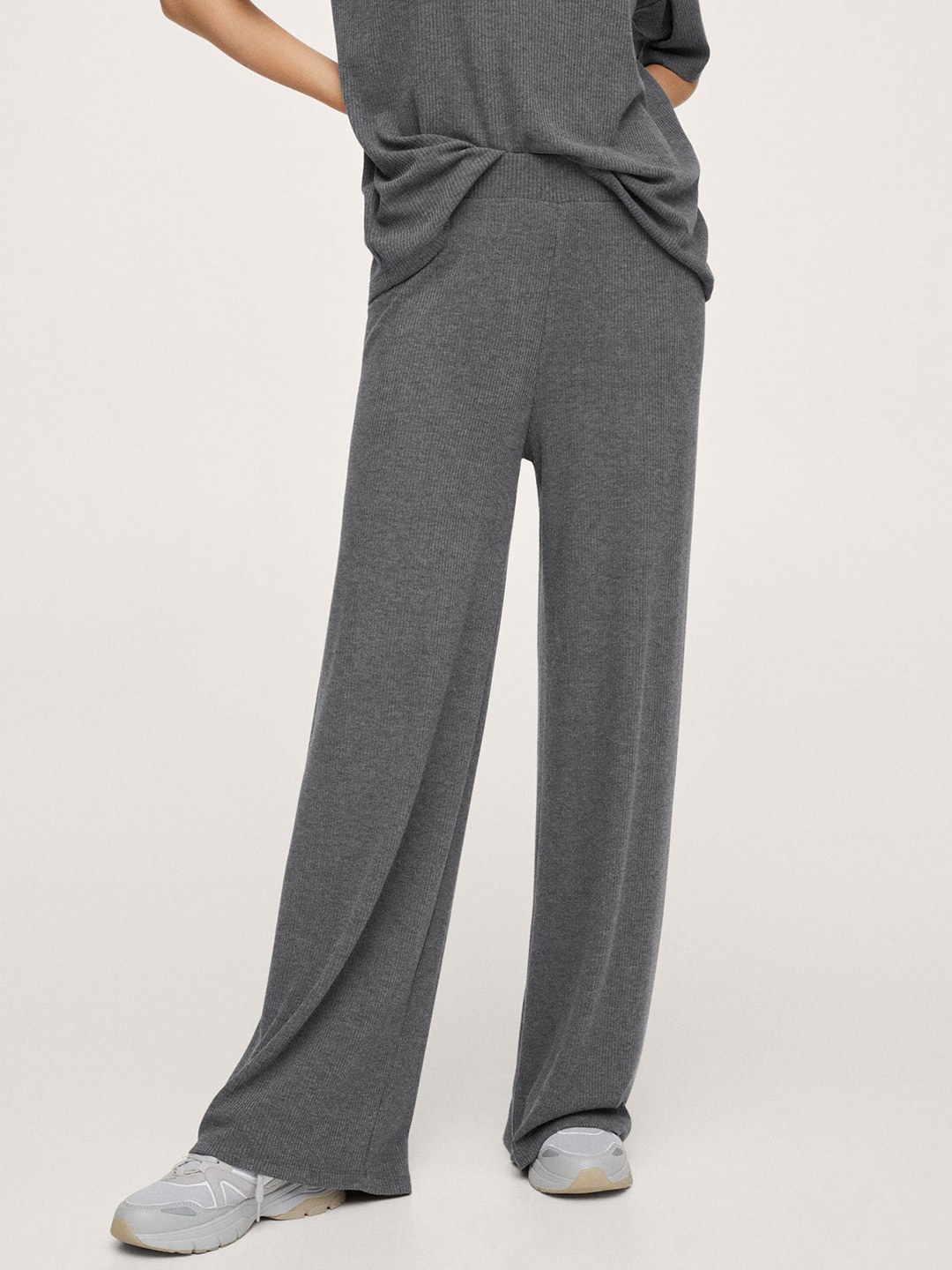 

MANGO Women Grey Ribbed Knit Trousers