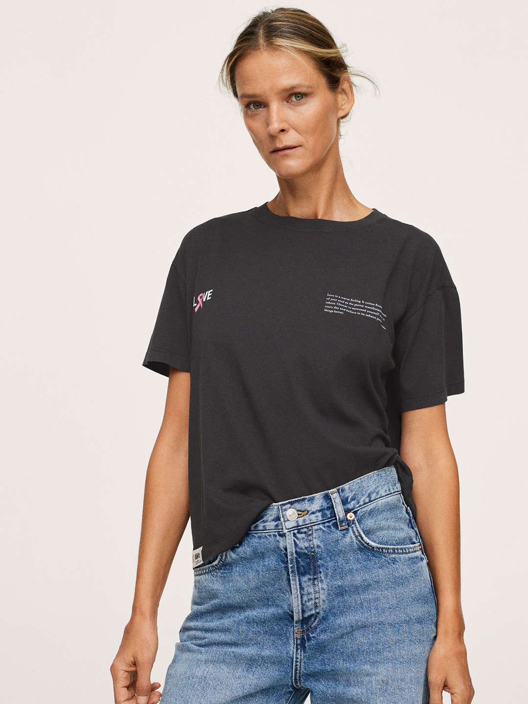 

MANGO Women Charcoal Grey Pure Cotton Typography Printed T-shirt