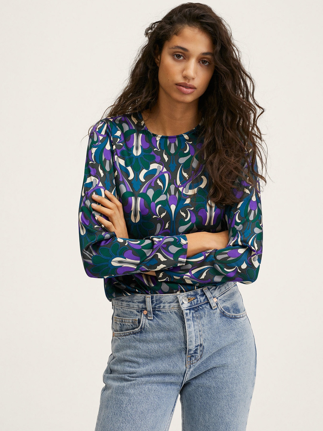 

MANGO Green & Blue Floral Print Top