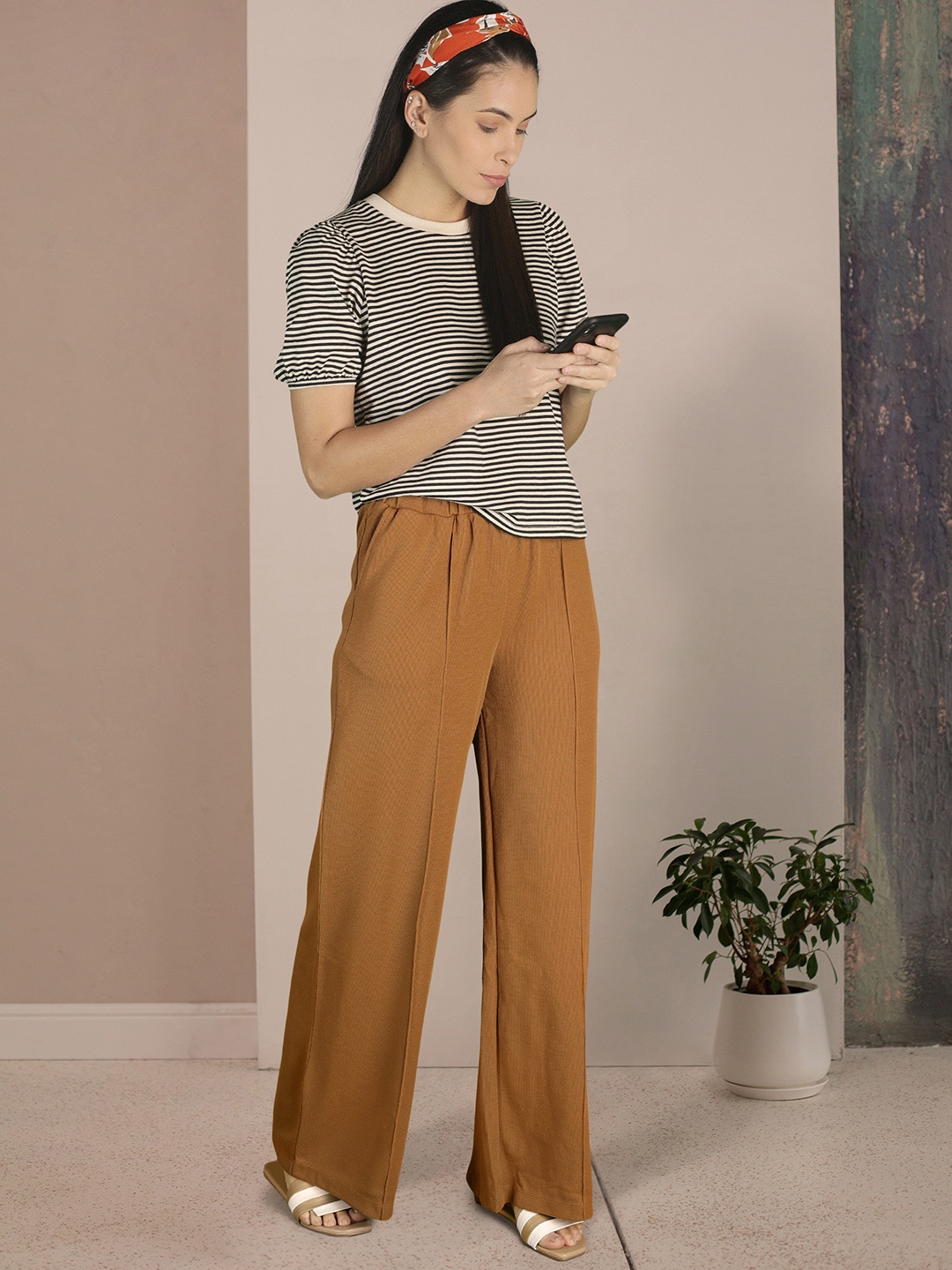 

MANGO Women Brown Solid Wide Leg Trousers