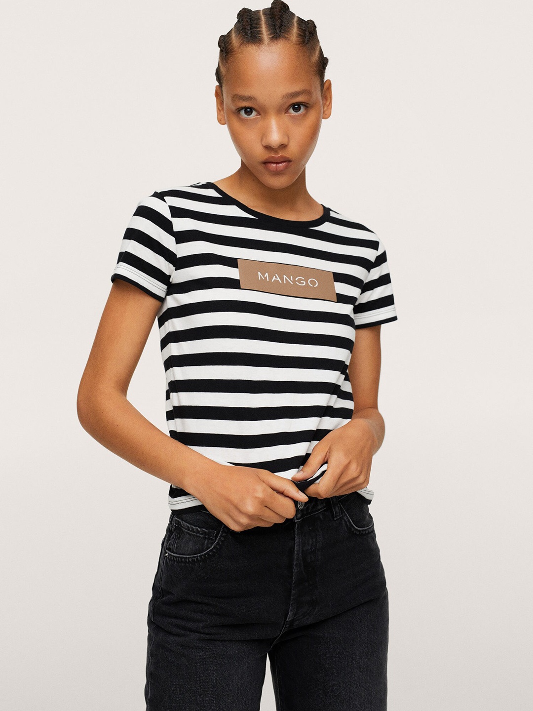 

MANGO Women Black & White Striped Brand Logo Printed Pure Cotton T-shirt