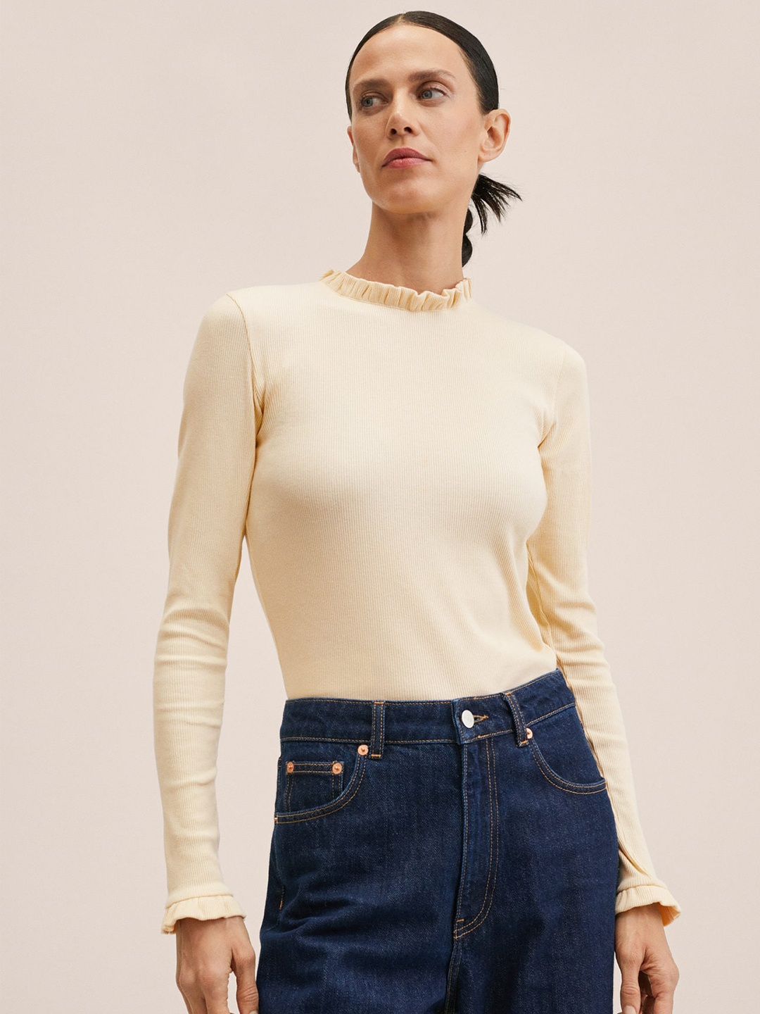 

MANGO Women Cream-Coloured Ribbed Lettuce High Neck T-shirt