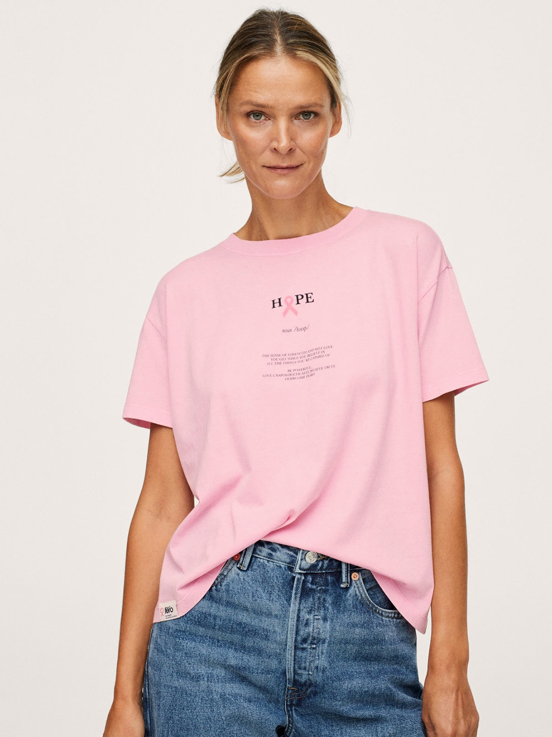 

MANGO Women Pink & Black Pure Cotton Typography Printed T-shirt