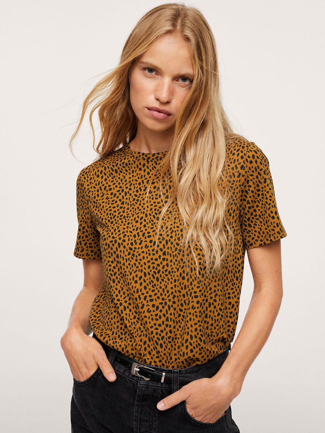 

MANGO Women Mustard Brown & Black Leopard Printed Cotton T-shirt