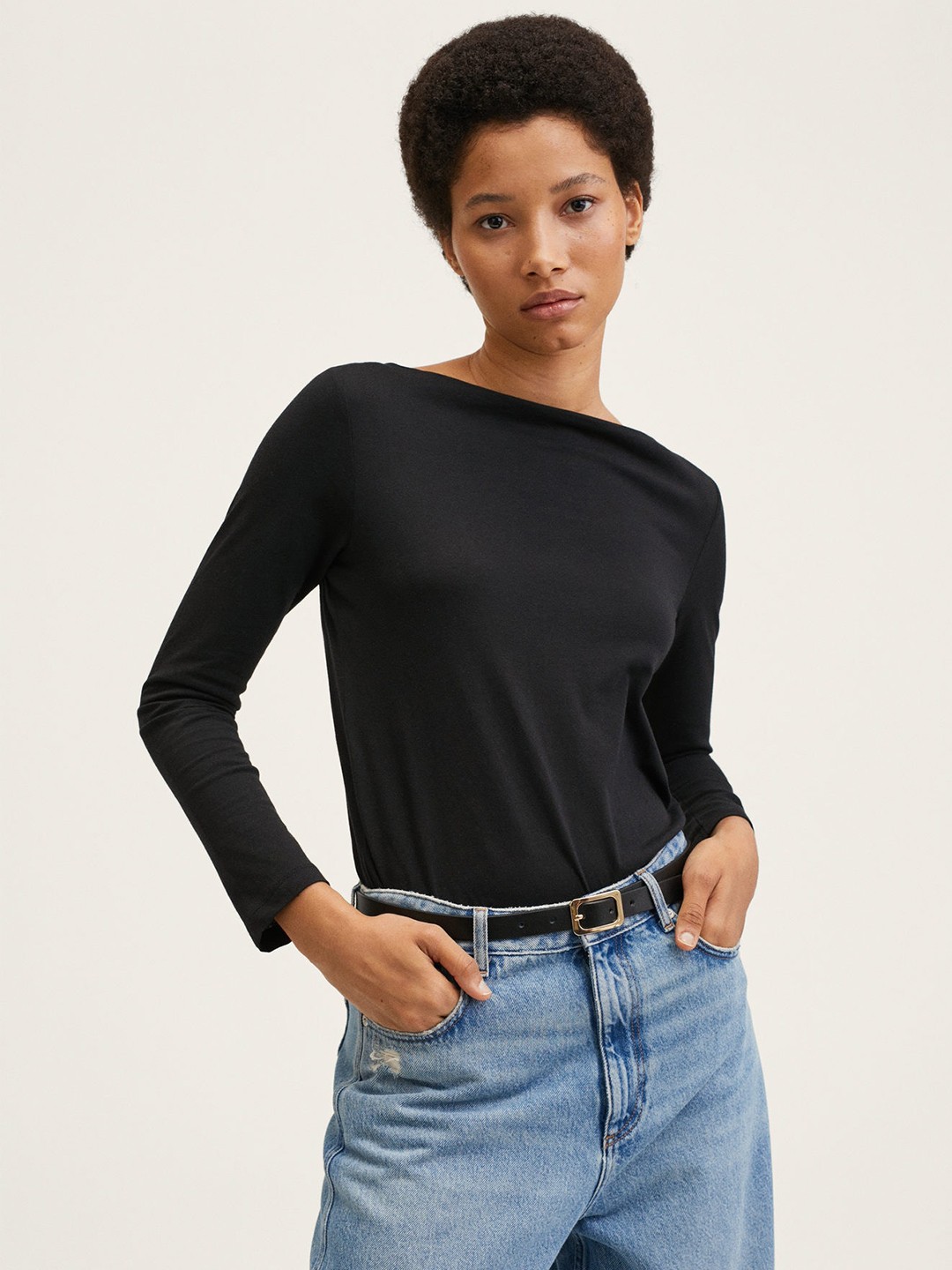 

MANGO Black Solid Pure Cotton Off-Shoulder Top