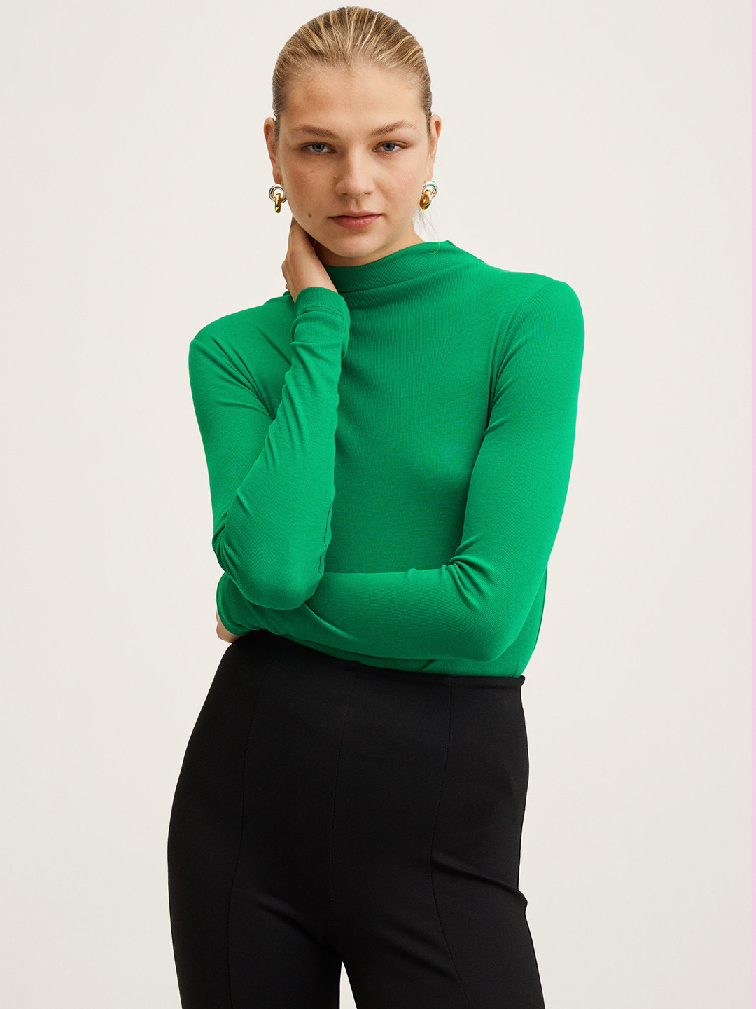 

MANGO Women Green Solid High Neck T-shirt