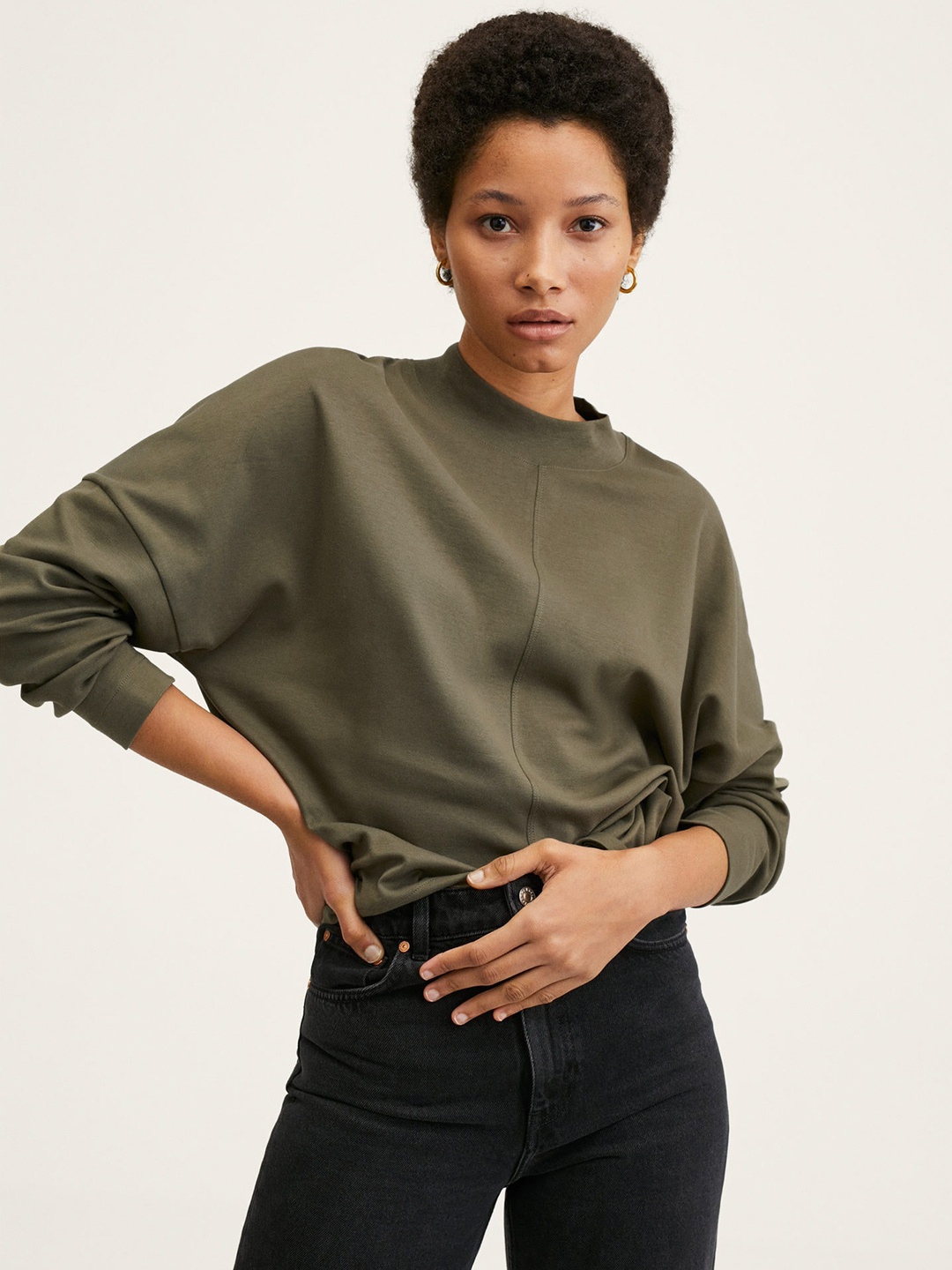 

MANGO Women Olive Green Solid Mandarin Collar Drop-Shoulder Sleeves Cotton T-shirt