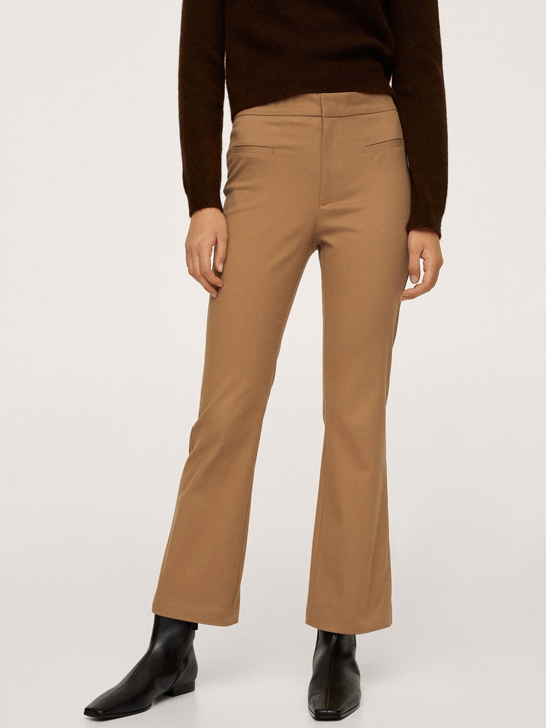 

MANGO Women Brown Solid Flared Trousers