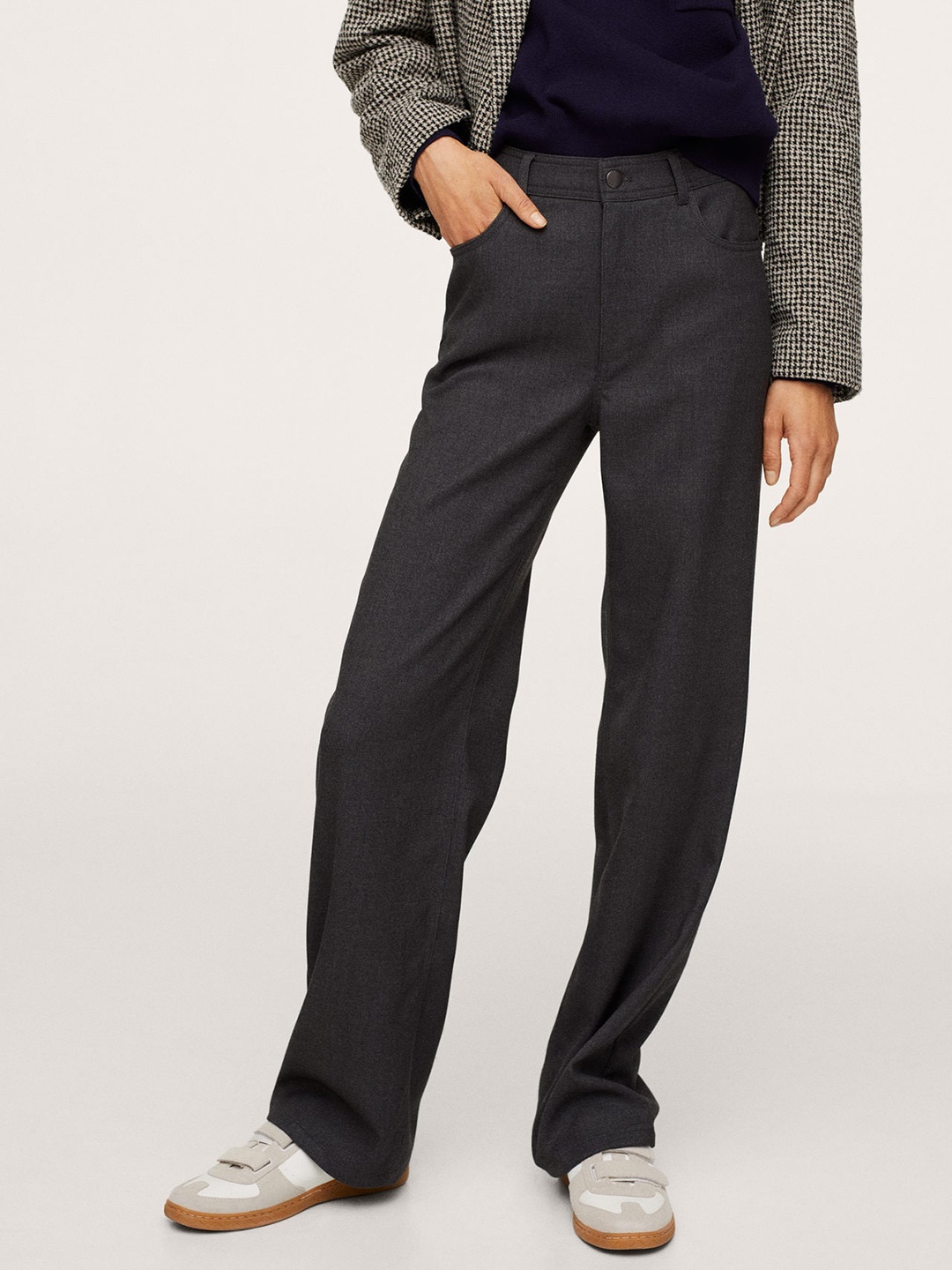 

MANGO Women Charcoal Straight Fit High-Rise Trousers