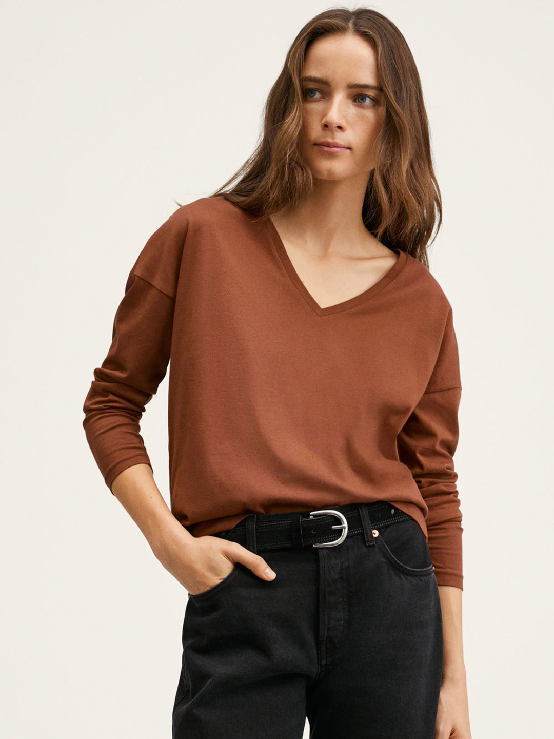 

MANGO Women Rust Brown V-Neck Drop-Shoulder Sleeves Pure Cotton T-shirt