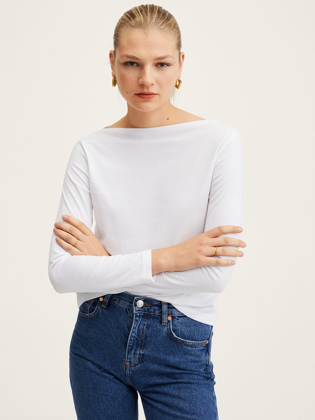 

MANGO Women White Solid Pure Cotton T-shirt