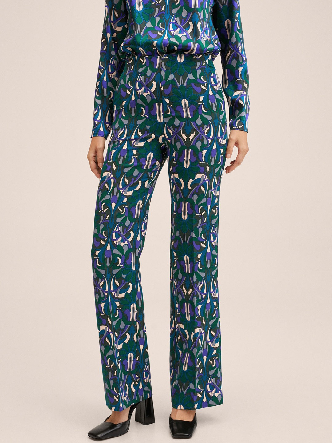 

MANGO Women Blue Abstract Printed High-Rise Trousers
