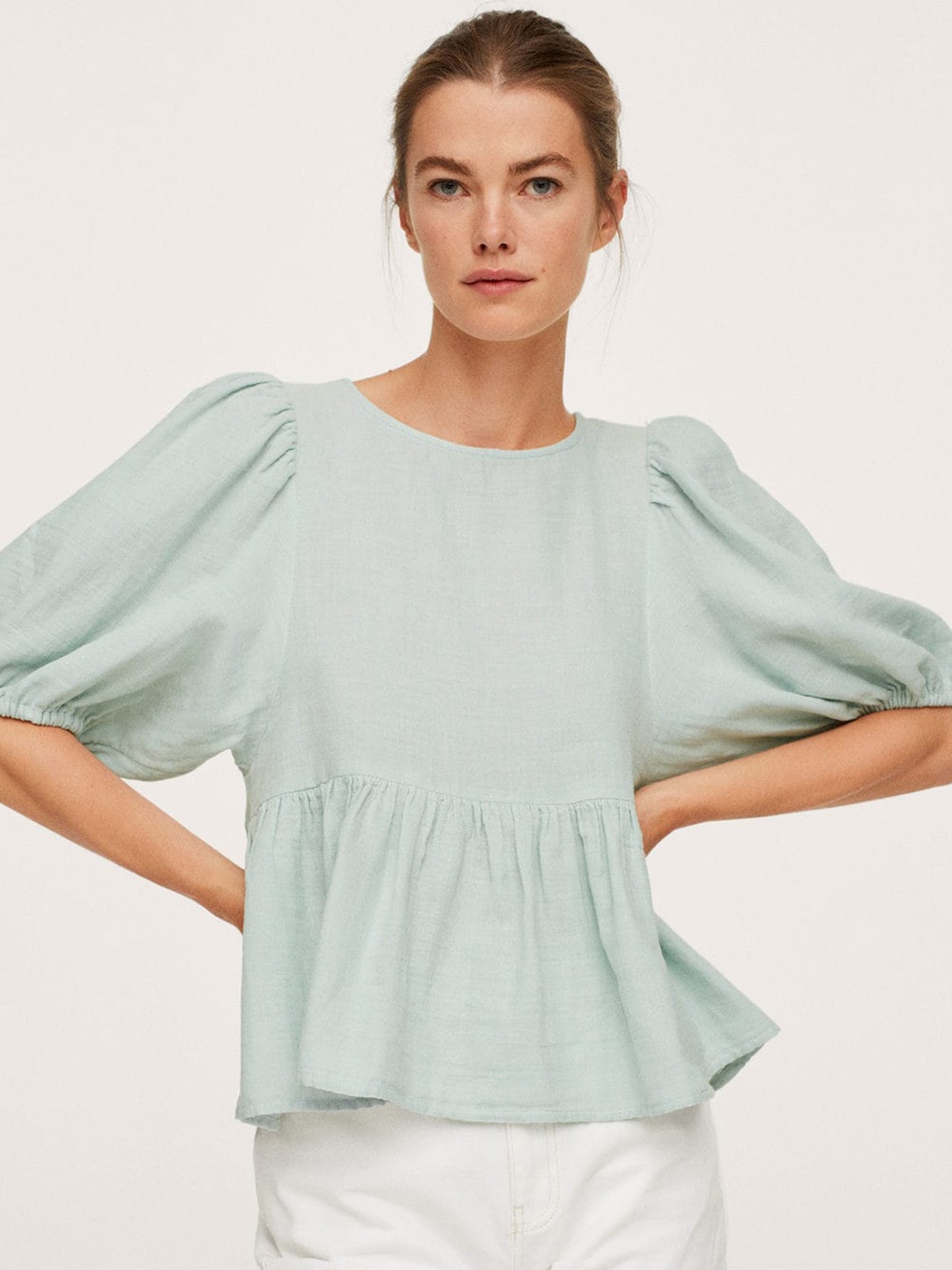 

MANGO Blue Pure Cotton Solid A-Line Top