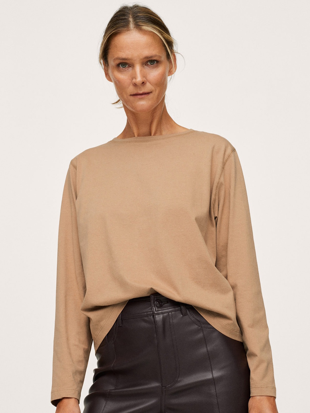 

MANGO Women Khaki Solid Cotton Drop-Shoulder Sleeves T-shirt