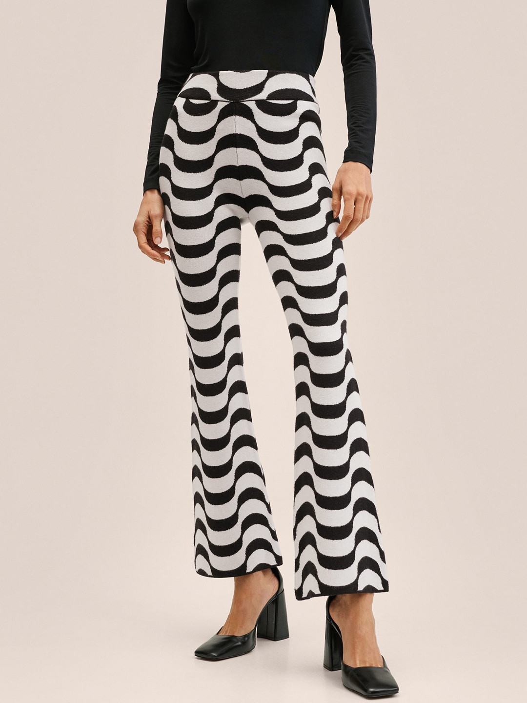 

MANGO Women White & Black Geometric Printed Flared Trousers