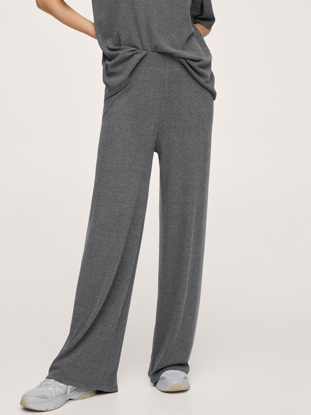 

MANGO Women Grey Ribbed Knit Flared Trousers