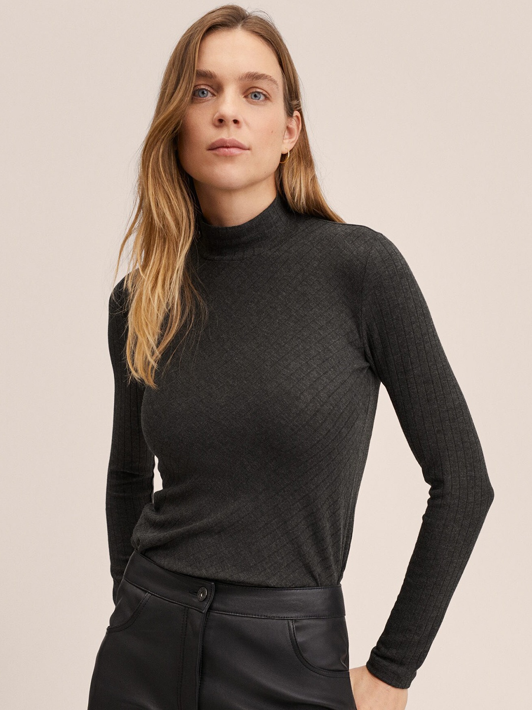 

MANGO Women Charcoal Grey Ribbed High Neck T-shirt