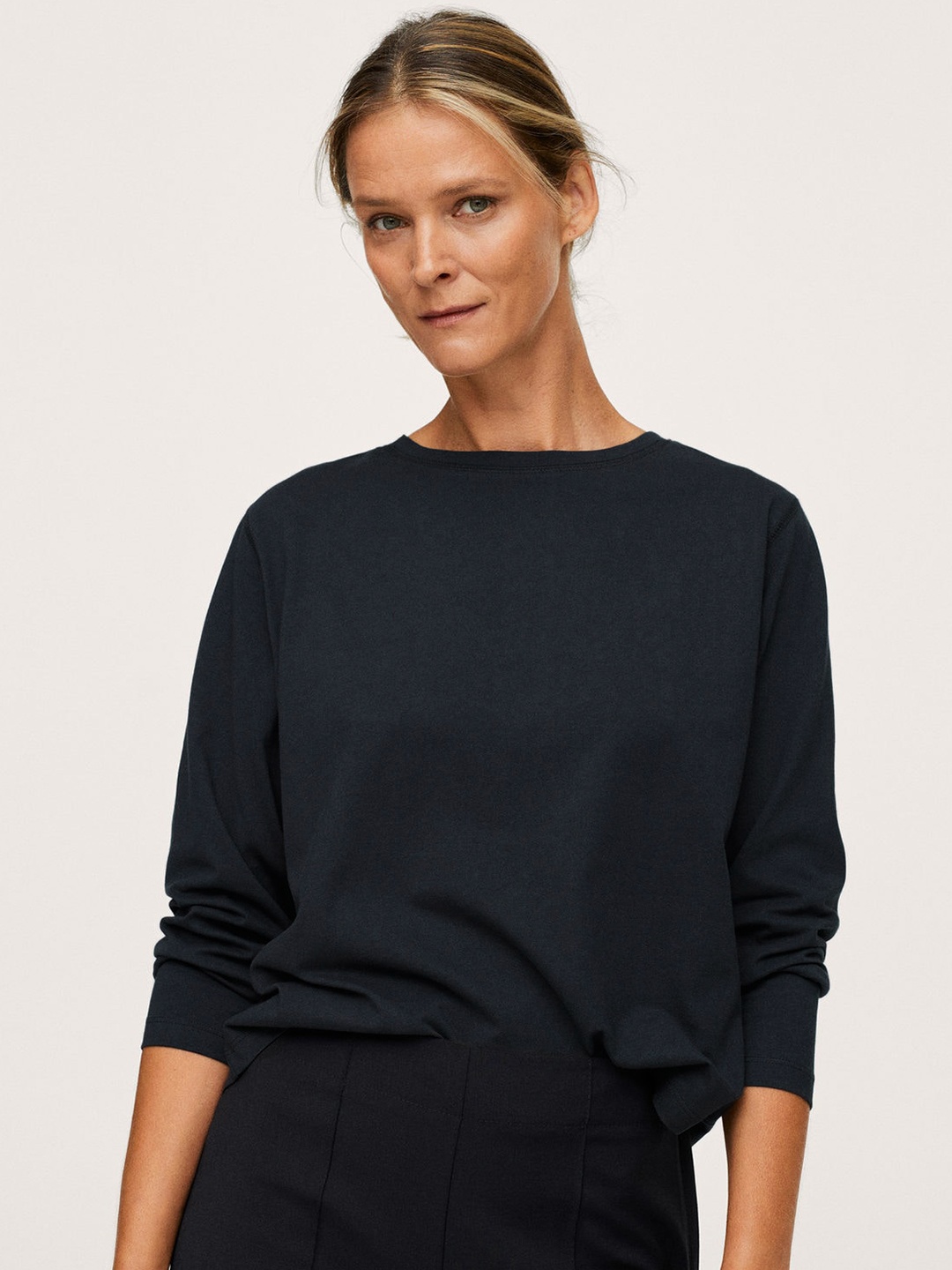 

MANGO Women Navy Blue Pure Cotton Solid T-shirt