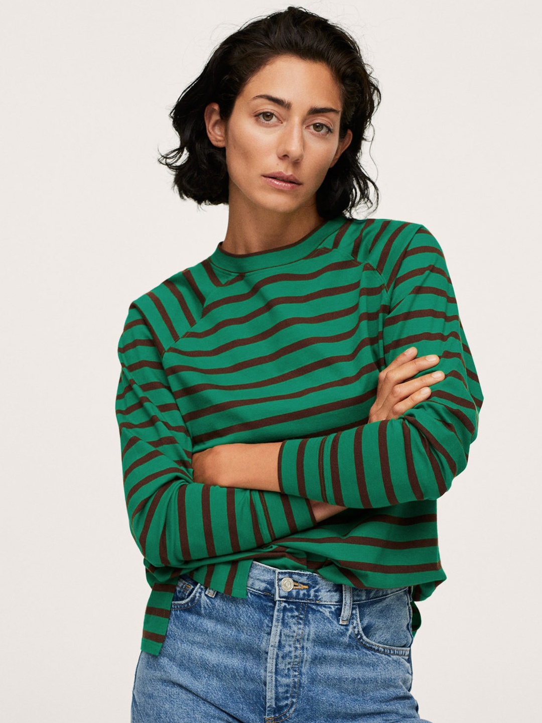 

MANGO Women Green & Black Striped Pure Cotton Oversized T-shirt