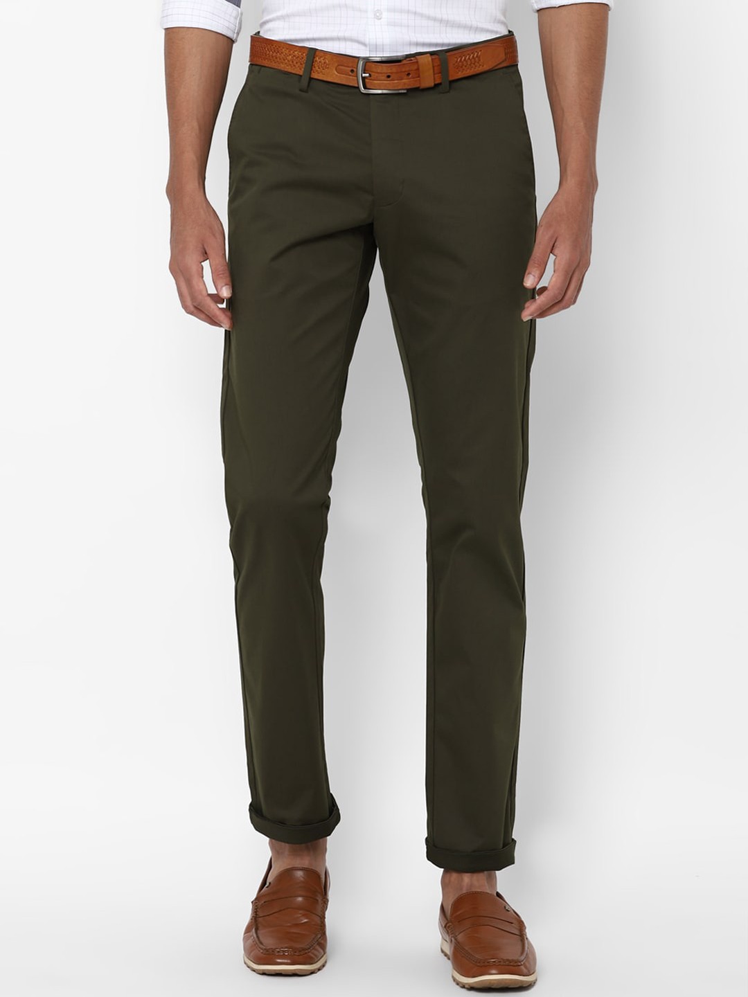 

Allen Solly Men Olive Green Solid Slim Fit Trousers