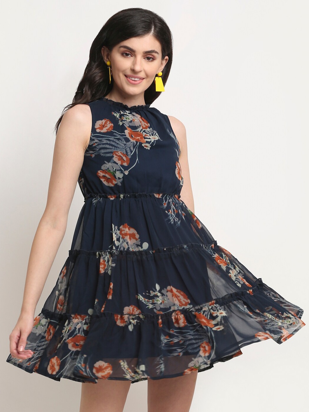 La Zoire Blue Floral Georgette Mini Dress