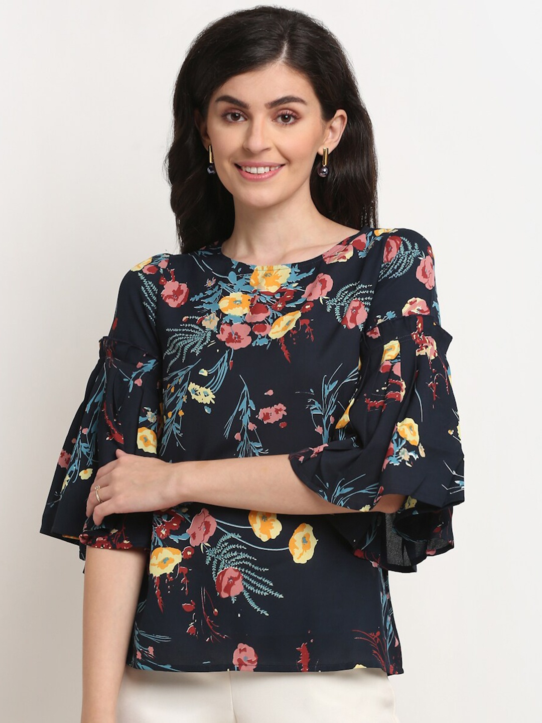 

La Zoire Navy Blue & Yellow Floral Print Ruffles Georgette Top